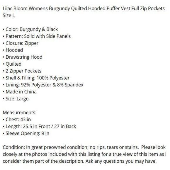 Lilac Bloom Womens Size L Burgundy Quilted Hooded Puffer Vest Full Zip Pockets - Picture 16 of 16